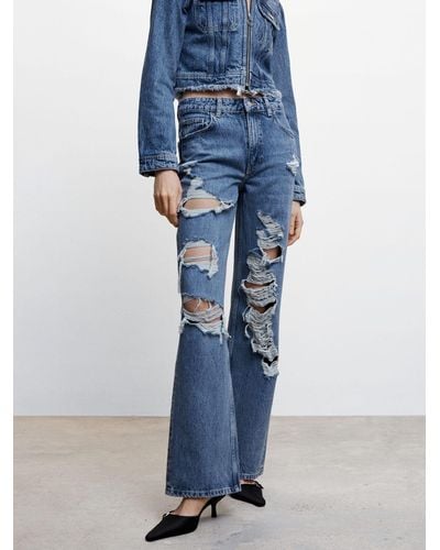 Mango Brokens Ripped High-rise Jeans - Blue