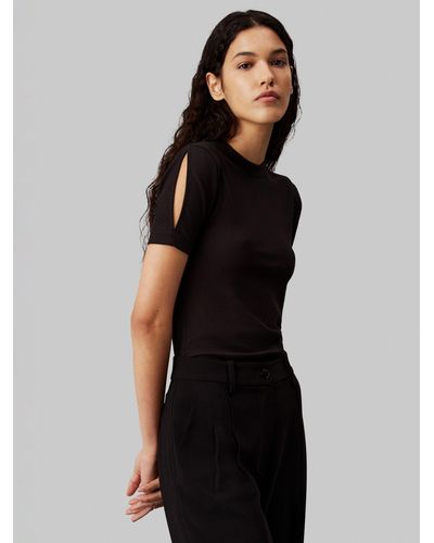 Calvin Klein Ribbed Slit Sleeve Top - Black