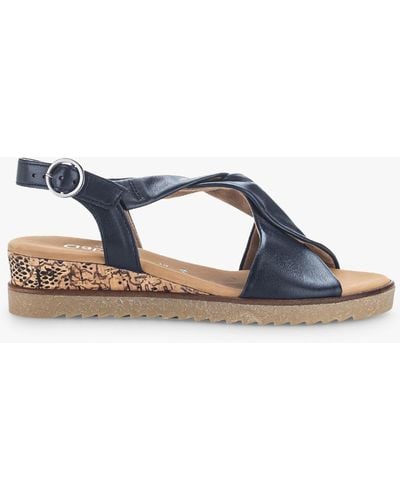 Gabor Rich Wide Fit Leather Cross Over Detail Wedge Sandals - Blue