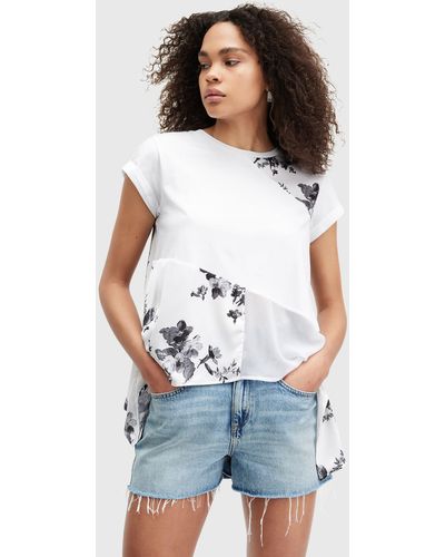 AllSaints Zala Iona Asymmetric Hem Floral Organic Cotton Top - White