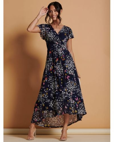 Jolie Moi Mesh Floral Print Dip Hem Maxi Dress - Blue