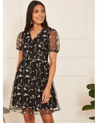 Yumi' Mela London Embroidered Mesh Skater Dress - Black