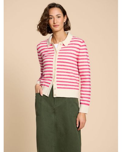 White Stuff Peony Collared Stripe Cardigan - Pink