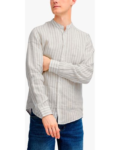 Casual Friday Anton Long Sleeve Striped Grandad Shirt - Grey