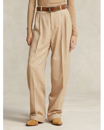 Ralph Lauren Polo Relaxed Fit Pleated Herringbone Wide Leg Trousers - Natural