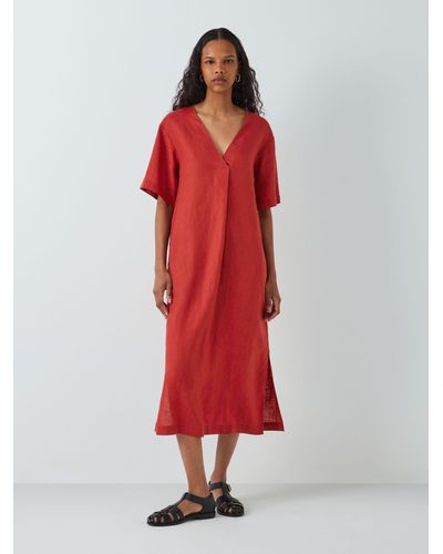 John Lewis Linen V-neck Midi Dress - Red