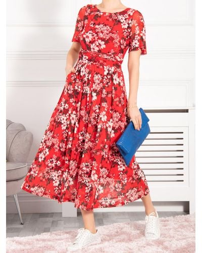 Jolie Moi Giana Floral Mesh Midi Dress - Red