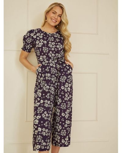 Yumi' Mela London Floral Ruched Sleeves Jumpsuit - Natural