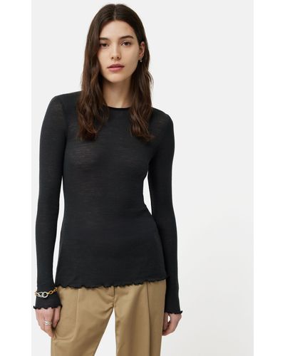 Jigsaw Wool Rib Frill Long Sleeve Top - Black