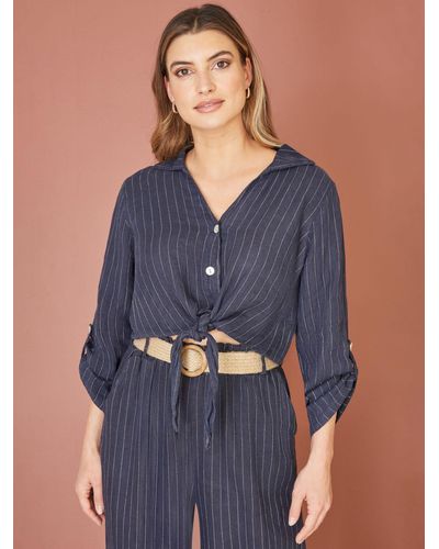 Yumi' Italian Linen Striped Front Tie Shirt - Blue