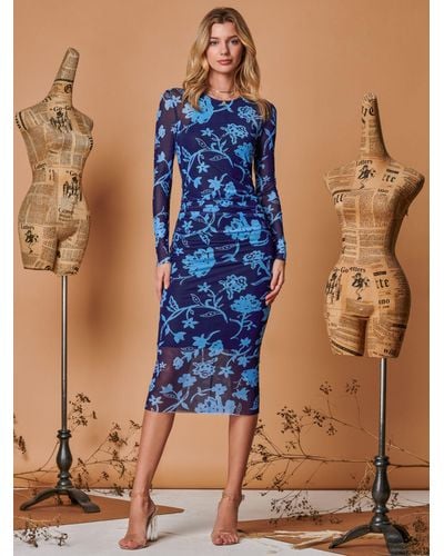 Jolie Moi Floral Print Long Sleeve Midi Dress - Blue