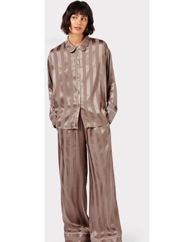 Chelsea Peers Satin Jacquard Stripe Long Pyjama Set - Brown