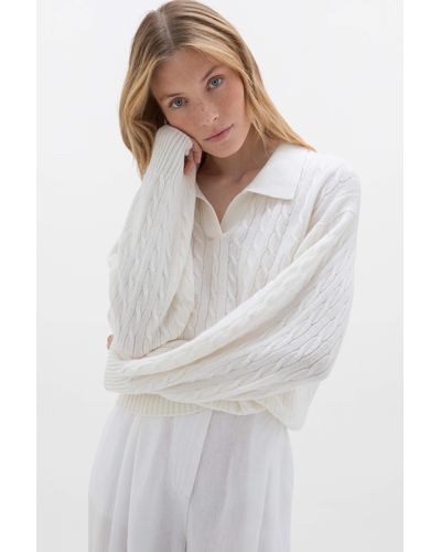 Johnstons of Elgin Cropped Cable Cashmere Jumper - White