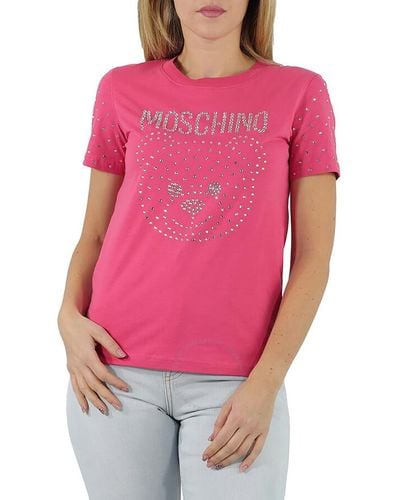 Moschino Fantasy Print Fucsia Teddy Crystal Logo Cotton T-shirt - Pink