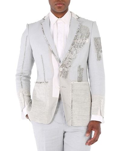 Burberry Melange Techincal Linen Blazer With Crystal Embroidery - Grey