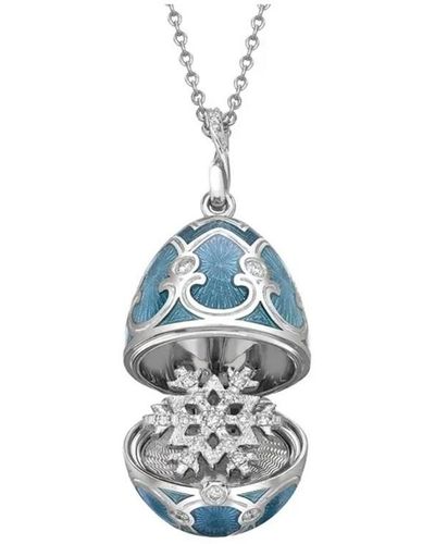 Faberge Heritage White Gold Diamond & Teal Guilloche Enamel Snowflake Surprise Locket - Blue