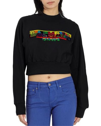 Balmain /multicolor Logo Pixel Embroidered Cropped Sweatshirt - Black
