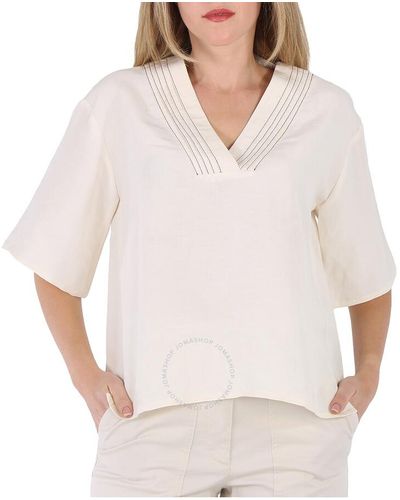BENJAMIN BENMOYAL Upcycled Silk / Linen V-neck Short Sleeved Top - White