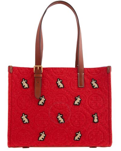 Tory Burch Small Rabbit T Monogram Embroide Tote - Red