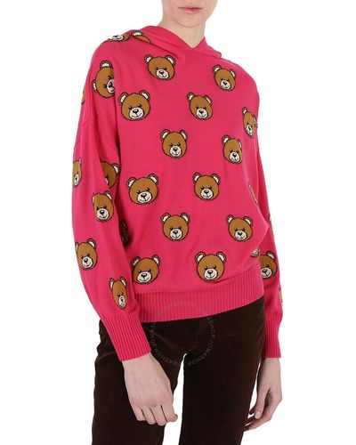 Moschino Fucsia Teddy Bear Intarsia Hooded Jumper - Pink