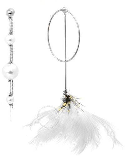 Burberry Glass Pearl & Ostrich Feather Asymmetrical Drop Earrings - White