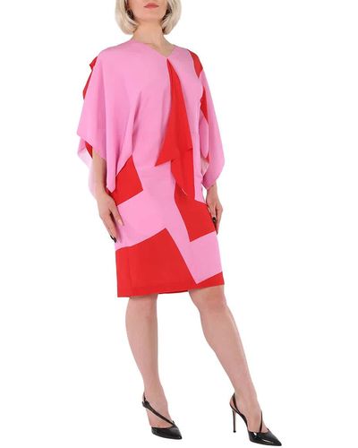 Burberry Primrose Pink Geometric Print Silk Crepe De Chine Cape Sleeve Dress - Red