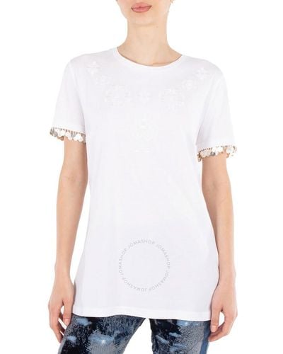 Roberto Cavalli Optical Floral Embroidered Cotton T-shirt - White