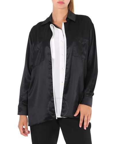 Burberry Logo Applique Silk Satin Long Sleeve Shirt - Black