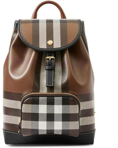Burberry Dark Birch Dark Check And Leather Backpack - Brown