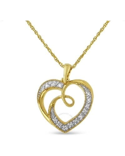 Haus of Brilliance 14k Gold Plated .925 Sterling Silver Diamond Accent Ribbon & Heart 18" Pendant Necklace - Metallic