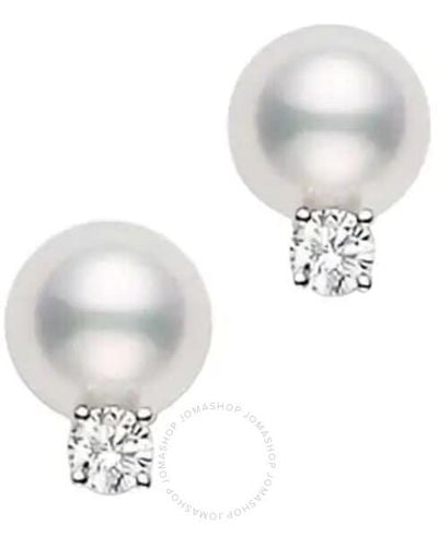 Mikimoto Akoya Cultured Pearl Stud Earrings; 7.5 X 8mm; With 0.10ct Diamonds; Set - White