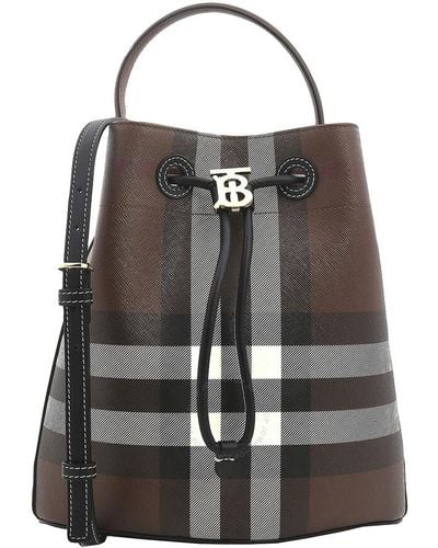 Burberry Dark Birch Logo Plaque Checked Drawstring Shoulder Bag - Brown