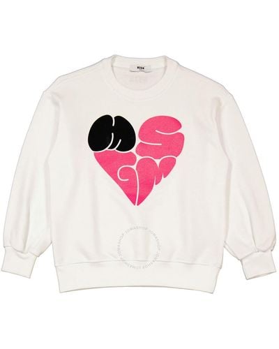 MSGM Girls White Heart Logo Print Cotton Sweatshirt - Pink