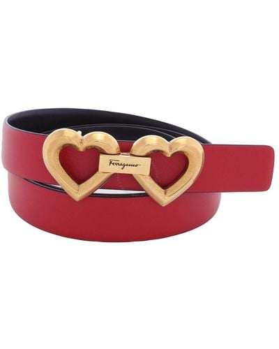 Ferragamo Leather Heart Buckle Adjustable Belt - Red