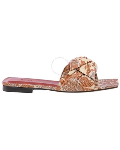 BY FAR Almond Knotted Snake-print Slides - Brown