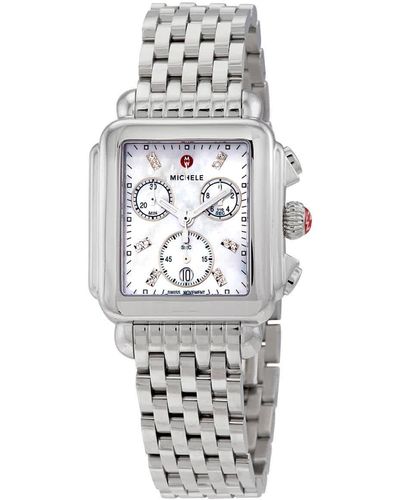 Michele Deco Chronograph Quartz Diamond White Mother Of Pearl Dial Watch - Metallic