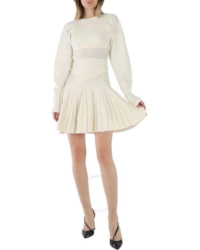 Roberto Cavalli Ribbed Knit Mini Long Sleeve Dress - White