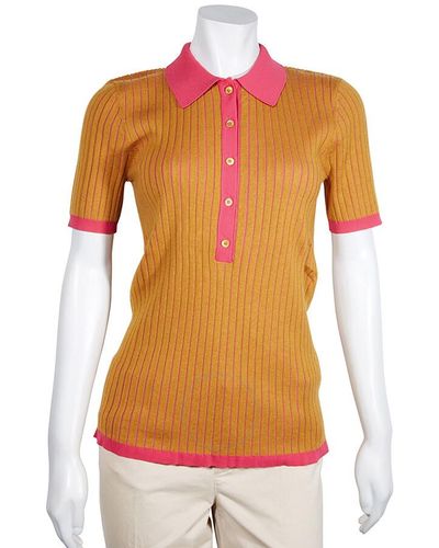 Burberry Knit Tops Solid Colorblock Ribbed Polo Shirt - Orange