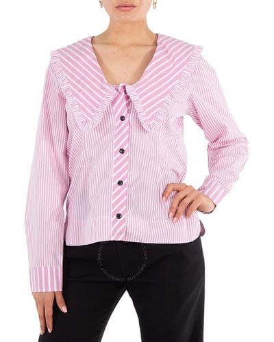 Ganni Ruffled Striped Organic Cotton-poplin V-neck Blouse - Pink
