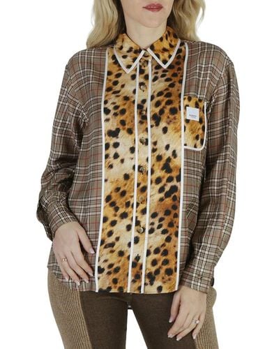 Burberry Leopard Fawn Check Print Silk Logo Oversized Blouse - Brown