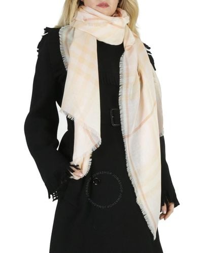 Burberry Cameo Check Wool Silk Fringed Scarf - Natural
