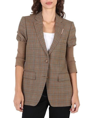 Burberry Fawn Knitted Sleeve Houndstooth Check Wool Tailo Jacket - Brown