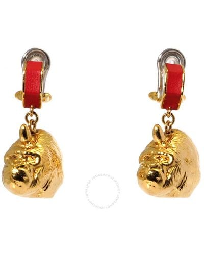Burberry Bright Red Light Gold Leather And Gold-plated Nut And Gorilla Earrings - Metallic