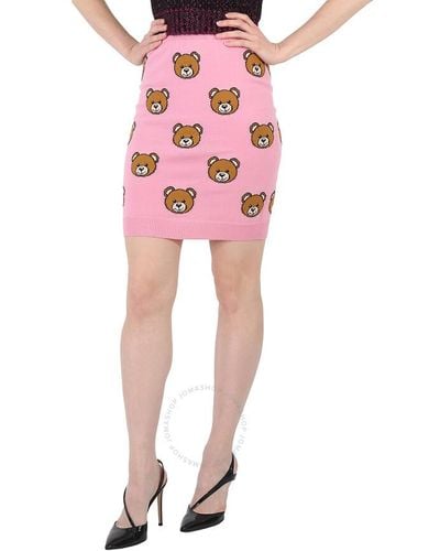Moschino Fantasia Rosa Allover Teddy Bear Wool Skirt - Pink