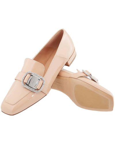 Ferragamo Beige Patent Leather Vara Chain Loafers - Natural