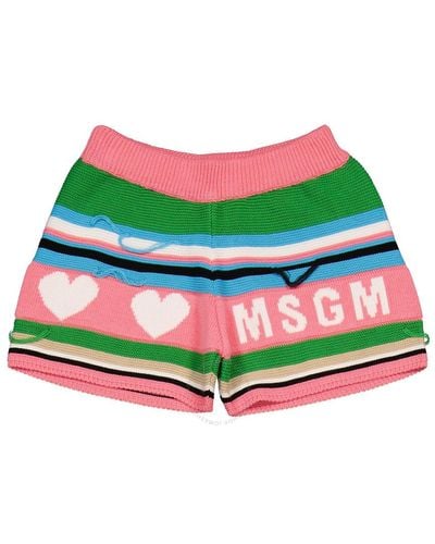MSGM Girls Stripe Logo Distressed Knit Shorts - Green