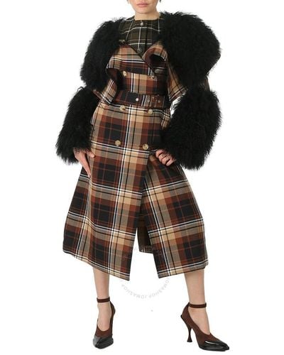 Burberry Shearling Trimmed Check Trench Coat - Black