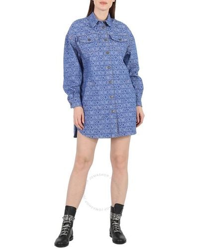 Moschino Fantasy Print All-over Logo Long-sleeve Denim Shirt Dress - Blue