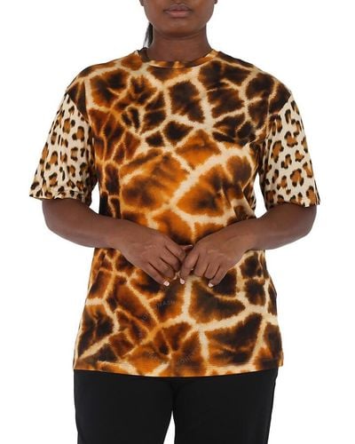 Roberto Cavalli Giraffe Chine And Leopard Printed Cotton T-shirt - Brown
