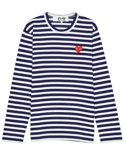 Comme des Garçons Play Navy / White Long Sleeve Heart Logo Stripe Tee - Blue